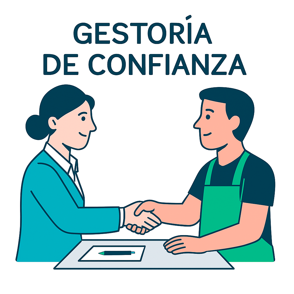 Ilustración de asesoría autónomos Fuenlabrada mostrando a una profesional y un autónomo dándose la mano, representando confianza y atención personalizada de ASESORÍA PYB.