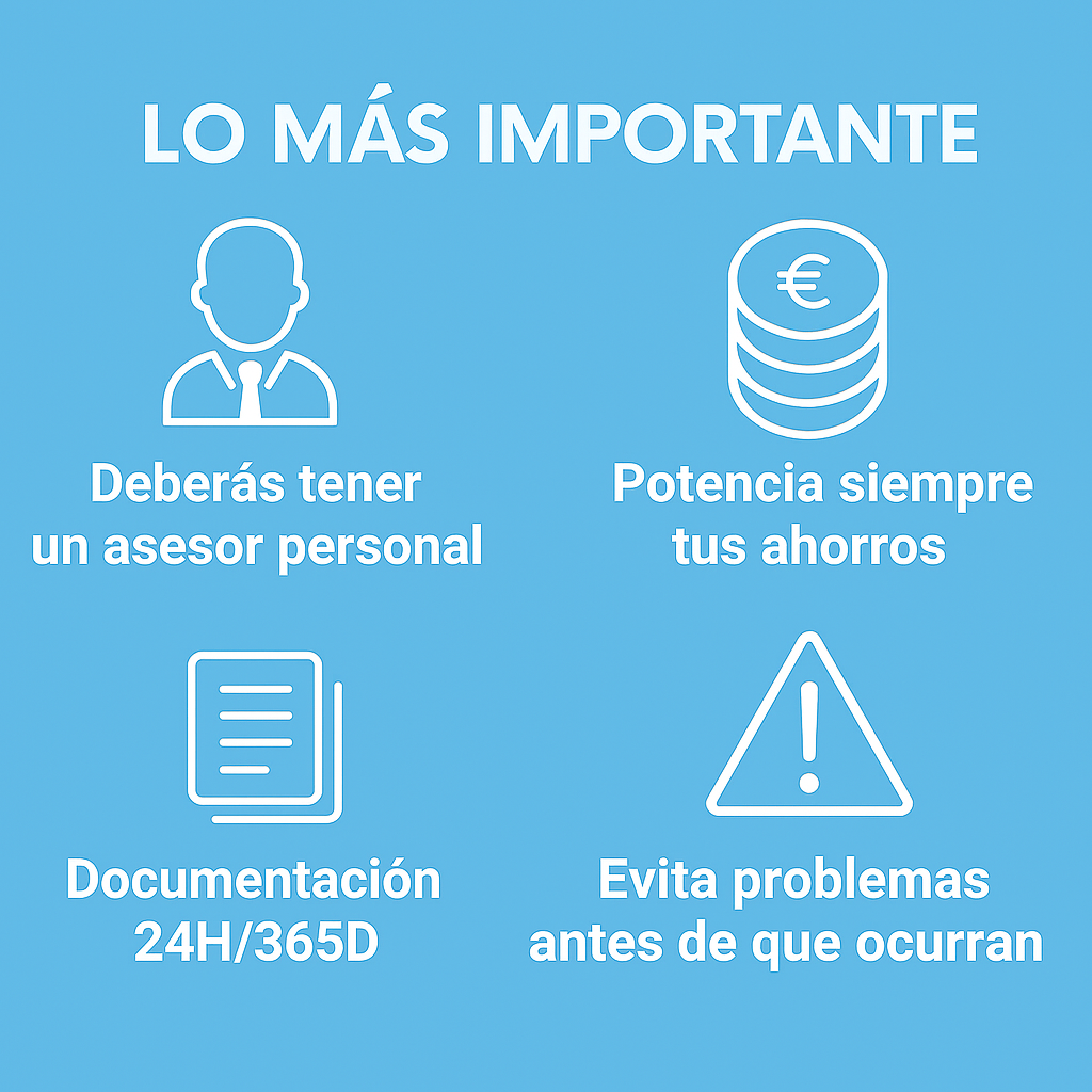 Lo más importante para el autónomo – Asesoría y gestoría en Fuenlabrada | ASESORÍA PYB Infografía cuadrada con fondo azul claro que muestra cuatro beneficios clave para autónomos: asesor personal, potenciar ahorros, documentación 24 horas y evitar problemas antes de que ocurran. Diseño limpio con iconos blancos y texto en español.