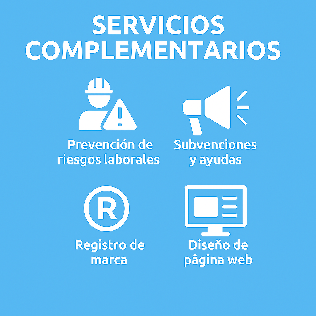 Servicios complementarios de nuestra asesoría autónomos en Fuenlabrada – ASESORÍA PYB Infografía cuadrada con fondo azul claro que muestra los servicios complementarios de ASESORÍA PYB, asesoría autónomos en Fuenlabrada: prevención de riesgos laborales, subvenciones y ayudas, registro de marca y diseño de página web.